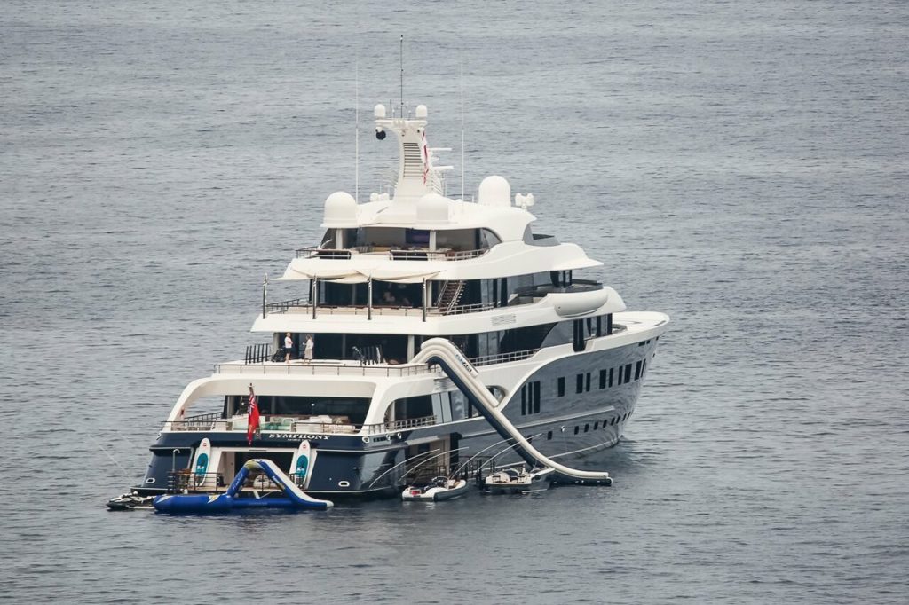 Bernard Arnault's luxury yacht Symphony moored in the gulf of St Tropez,  Southern France, August 2, 2017. She is a 101 meter luxury yacht, built as  Project 808 at the Royal Van