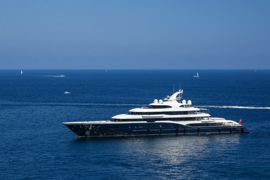 Bernard Arnault's luxury yacht Symphony moored in the gulf of St Tropez,  Southern France, August 2, 2017. She is a 101 meter luxury yacht, built as  Project 808 at the Royal Van